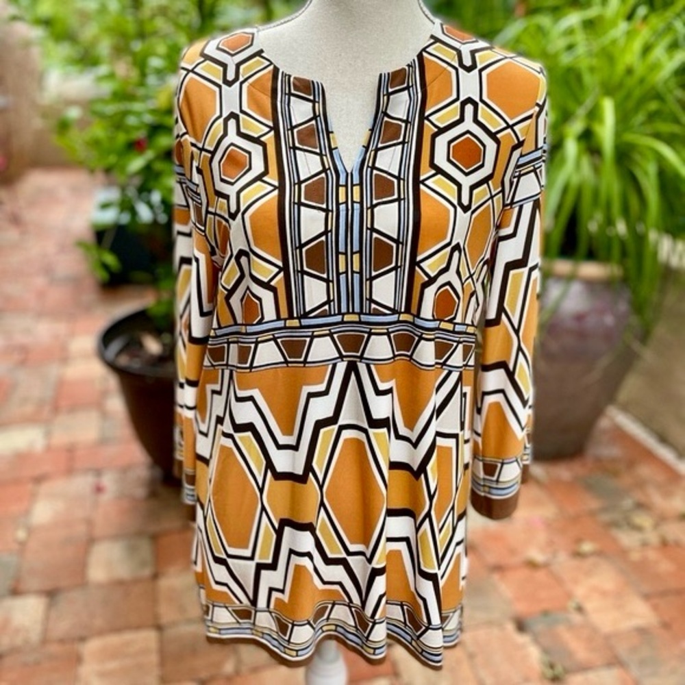 CHICO’S Yellow Gold White & Brown Geometric Blouse Tunic Top - Picture 2 of 16